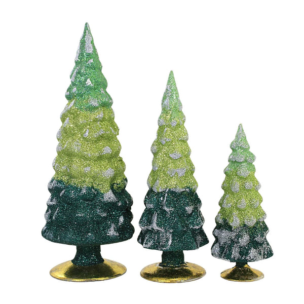 Green Glittered Gradient Glass Trees - Set/3