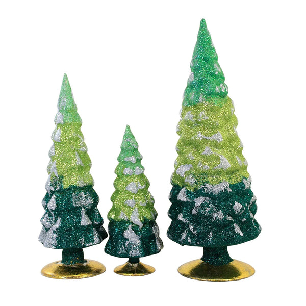 Green Glittered Gradient Glass Trees - Set/3