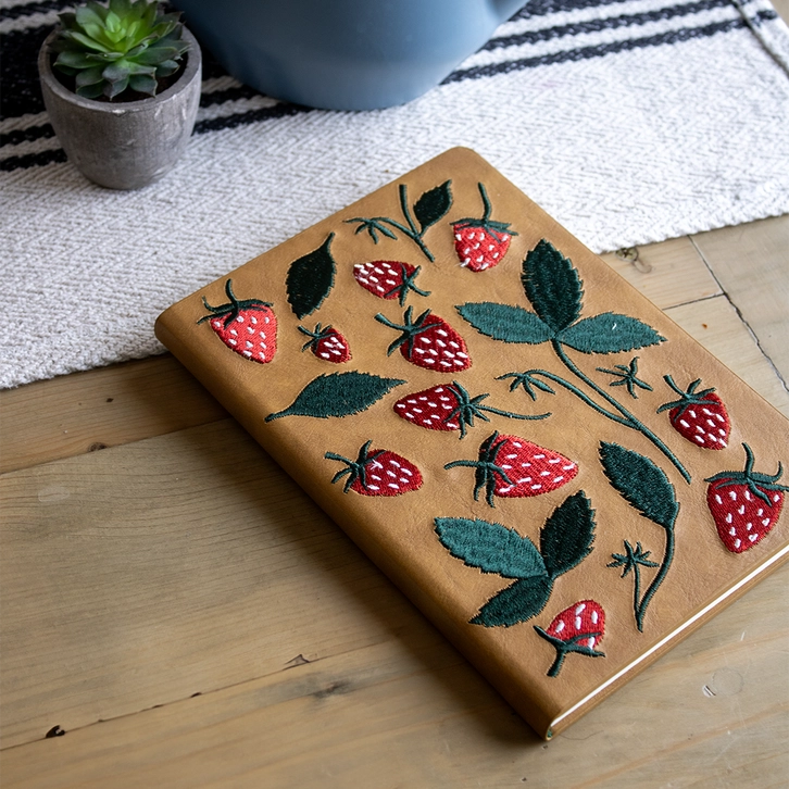 Strawberries Embroidered Hardcover Notebook - Small