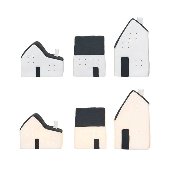 Black + White Ceramic LED Houses - Set/3