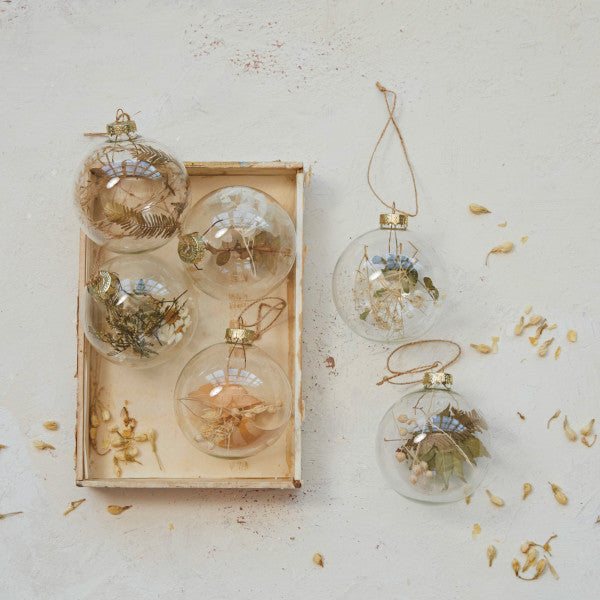 Glass Ball Ornament w/ Dried Botanicals - 6 Styles